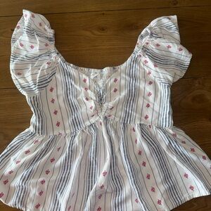 Floral Striped Puff Sleeve Blouse - White and Pink